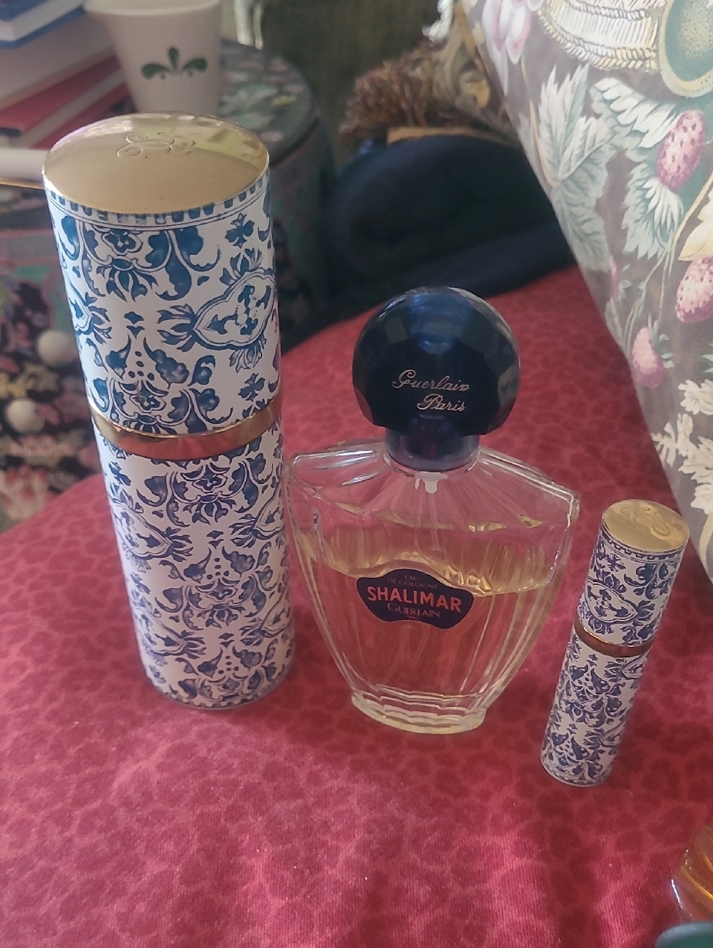 GUERLAIN Shalimar Bottle with Blue and White Decorative Atomizers